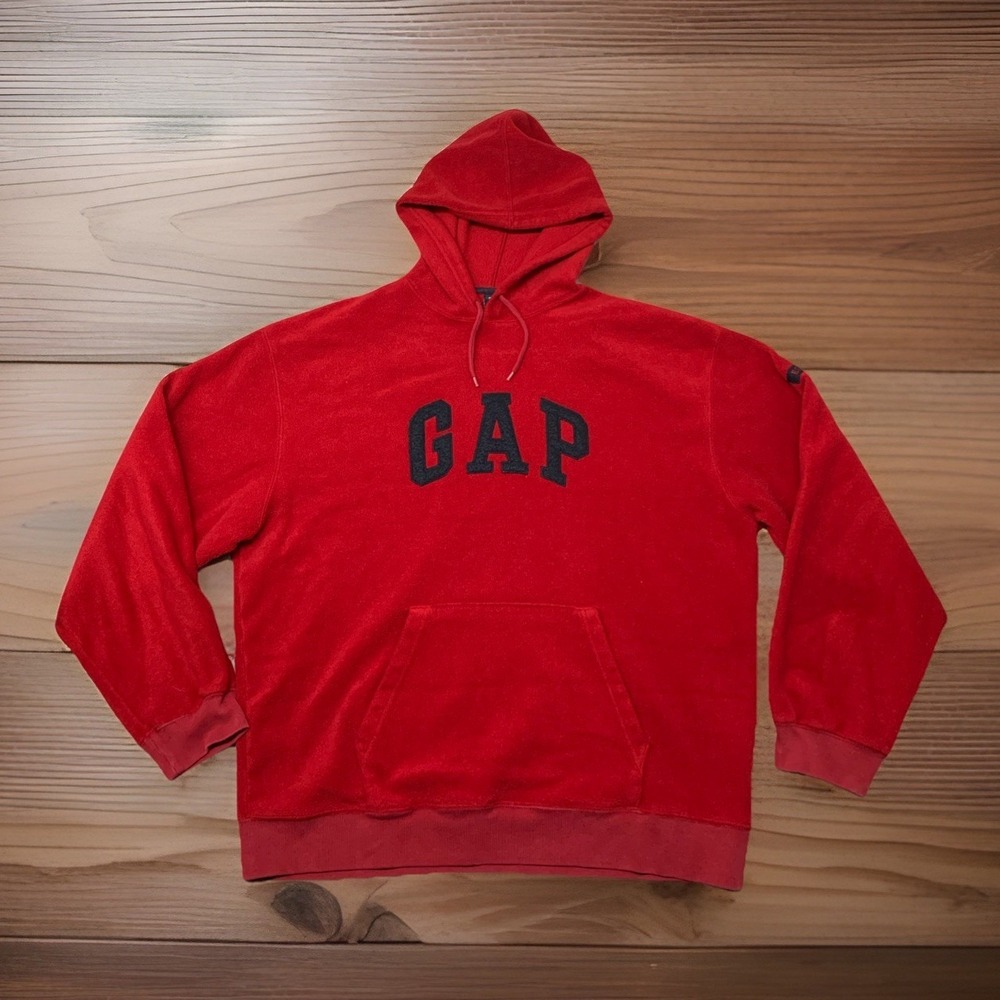 Vintage 90s Big Center‎ Fleece Arch Logo Gap Cotton Hoodie Red Kanga Pocket XL